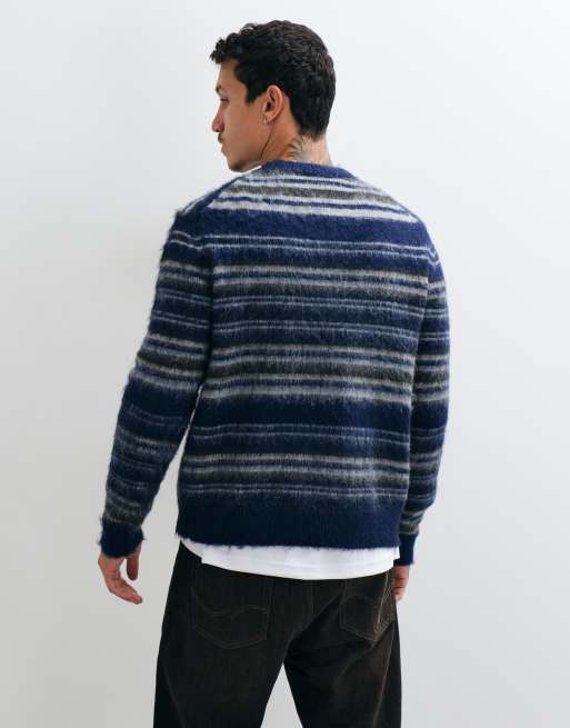 ONLY & SONS relaxed fit crew neck fluffy knit sweater in blue stripe, 5 of 5