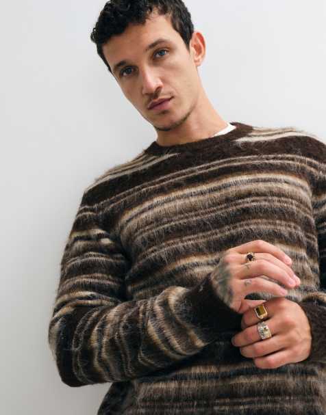 ONLY & SONS relaxed fit crew neck fluffy knit sweater in chocolate cream stripe - view 1