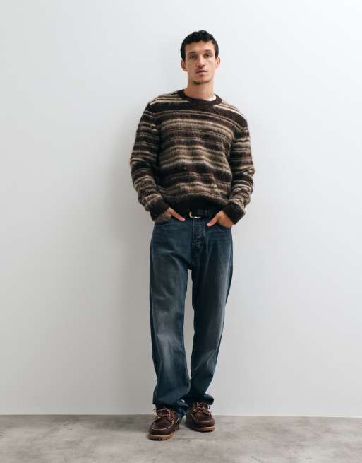 ONLY & SONS relaxed fit crew neck fluffy knit sweater in chocolate cream stripe, 4 of 5