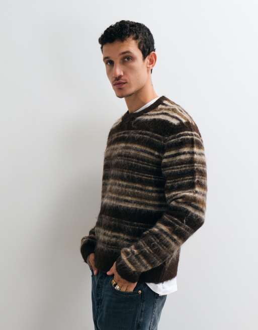 ONLY & SONS relaxed fit crew neck fluffy knit sweater in chocolate cream stripe, 5 of 5