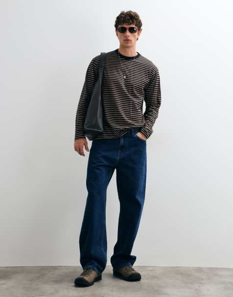 ONLY & SONS relaxed fit crew neck long sleeve t-shirt in black and cream stripe - view 1