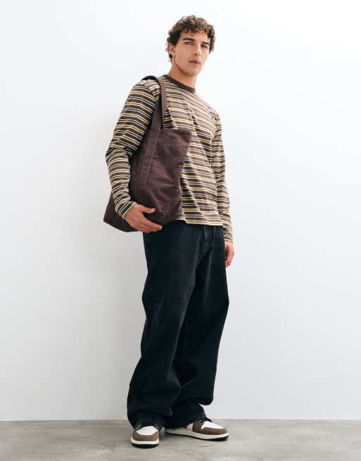 ONLY & SONS relaxed fit crew neck long sleeve t-shirt in brown and cream stripe, 2 of 5