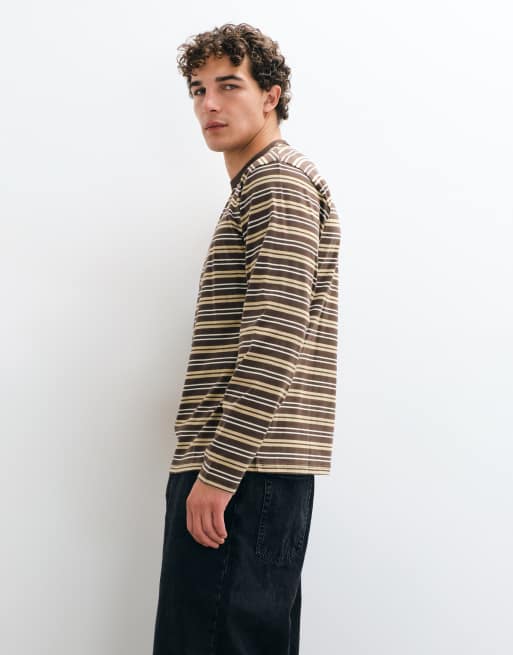 ONLY & SONS relaxed fit crew neck long sleeve t-shirt in brown and cream stripe, 4 of 5