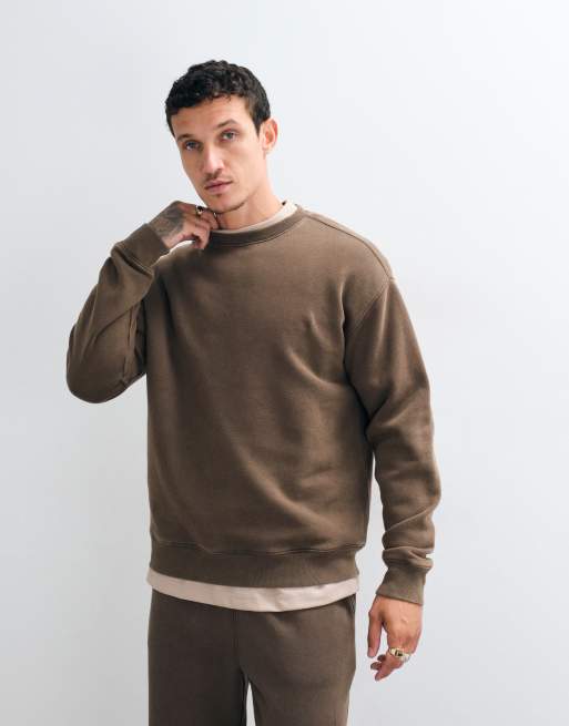 ONLY & SONS relaxed fit crew neck sweatshirt in washed brown - part of a set, 4 of 5