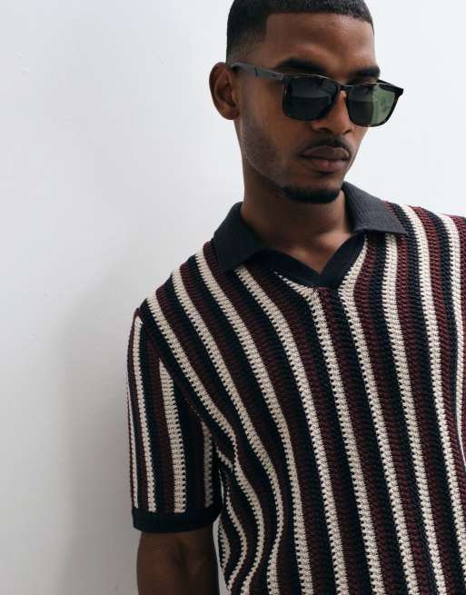 ONLY & SONS relaxed fit crochet knit polo in brown stripe | ASOS