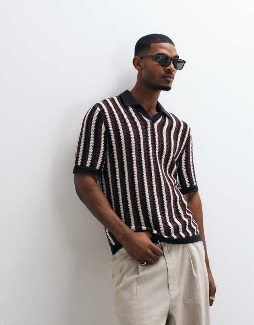 ONLY & SONS relaxed fit crochet knit polo in brown stripe | ASOS