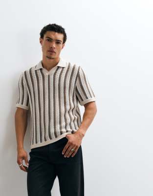 Only & Sons Relaxed Fit Crochet Knit Polo Shirt In Multi