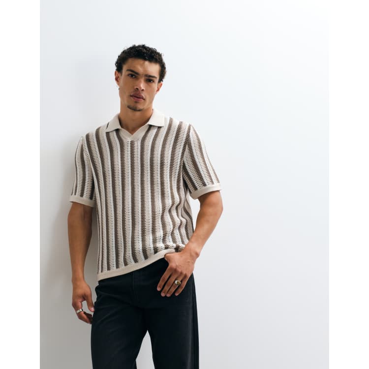 ONLY & SONS relaxed fit crochet knit polo shirt in cream stripes