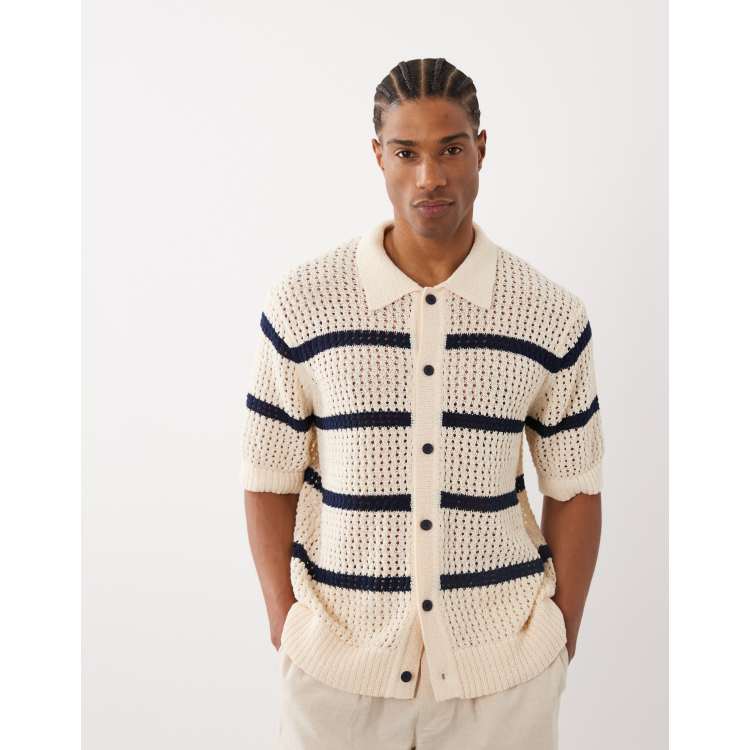 ONLY & SONS relaxed fit crochet knit shirt in cream with navy
