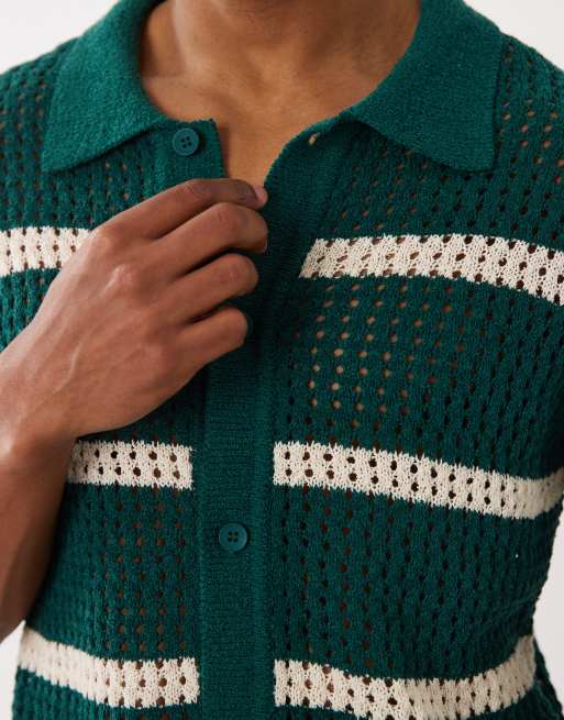 ONLY & SONS relaxed fit crochet knit shirt in green with white stripes, 3 of 5