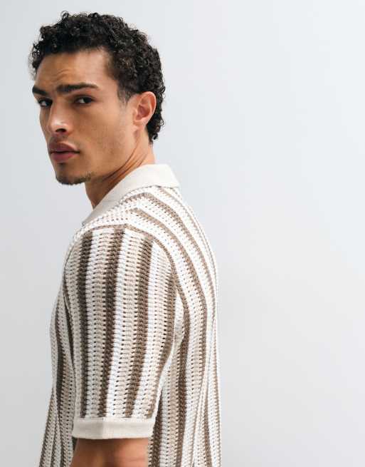 ONLY & SONS relaxed fit crochet knitted polo in cream stripe, 2 of 5