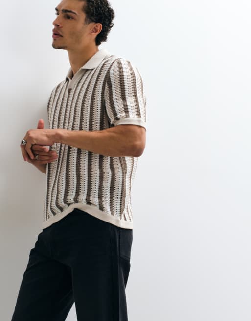 ONLY & SONS relaxed fit crochet knitted polo in cream stripe, 3 of 5