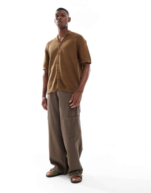 ONLY & SONS relaxed fit crochet shirt with camp collar in brown, 2 of 5