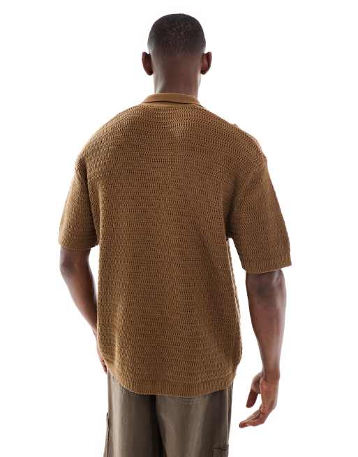 ONLY & SONS relaxed fit crochet shirt with camp collar in brown, 3 of 5