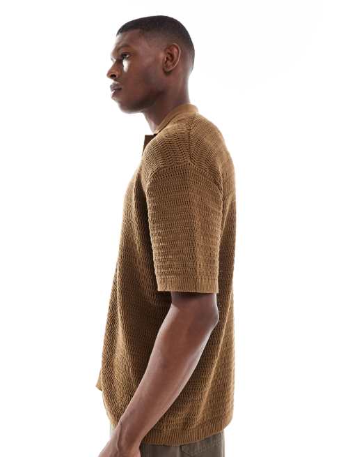ONLY & SONS relaxed fit crochet shirt with camp collar in brown, 4 of 5