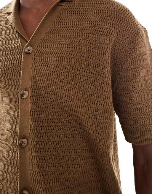 ONLY & SONS relaxed fit crochet shirt with camp collar in brown, 5 of 5