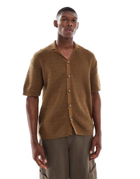 ONLY & SONS relaxed fit crochet shirt with revere collar in brown