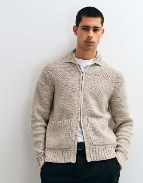 ONLY & SONS relaxed fit double zip knit cardigan in cream - view 1