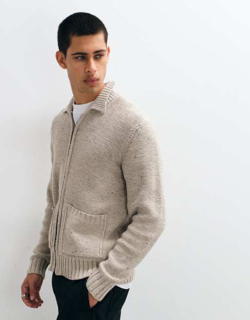 ONLY & SONS relaxed fit double zip knit cardigan in cream, 3 of 5