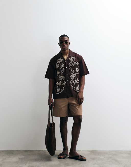 ONLY & SONS relaxed fit embroidery shirt with resort collar in dark brown, 3 of 5