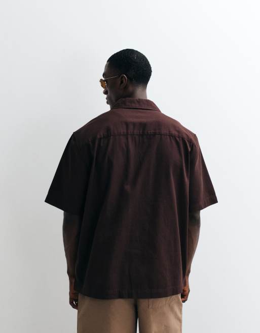 ONLY & SONS relaxed fit embroidery shirt with resort collar in dark brown, 4 of 5