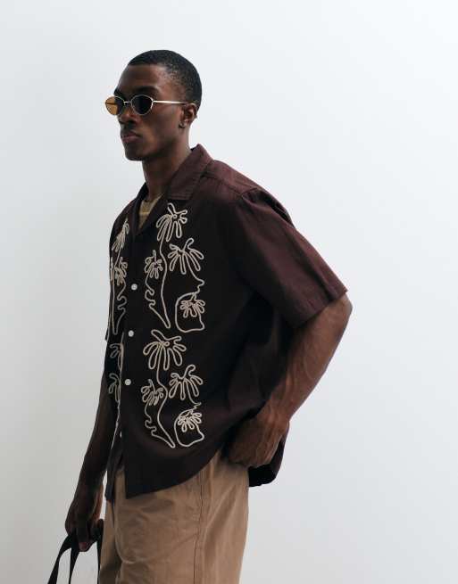 ONLY & SONS relaxed fit embroidery shirt with resort collar in dark brown, 5 of 5