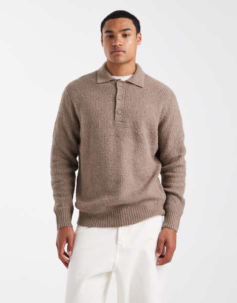 ONLY & SONS relaxed fit fisherman knit polo jumper in beige - view 1