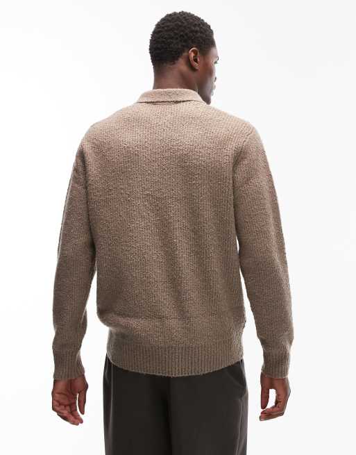 ONLY & SONS relaxed fit fisherman knit polo jumper in beige, 3 of 5