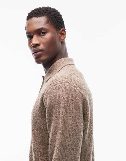 ONLY & SONS relaxed fit fisherman knit polo jumper in beige, 4 of 5