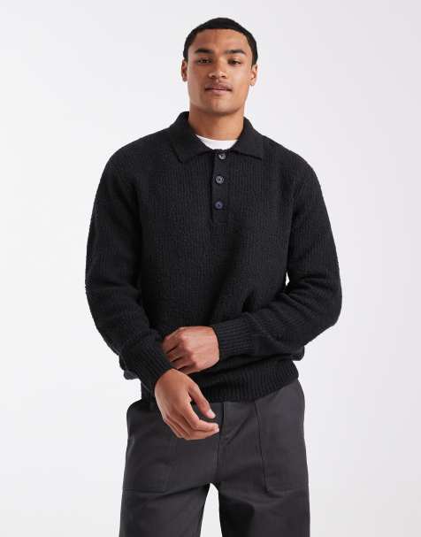 ONLY & SONS relaxed fit fisherman knit polo jumper in black - view 1