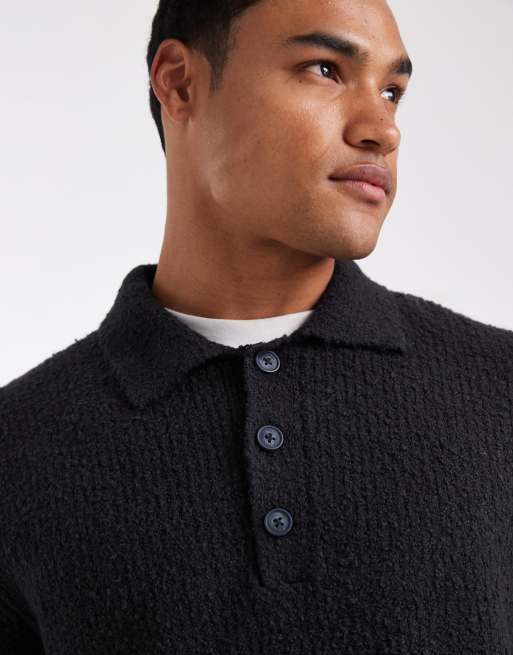 ONLY & SONS relaxed fit fisherman knit polo jumper in black, 5 of 5