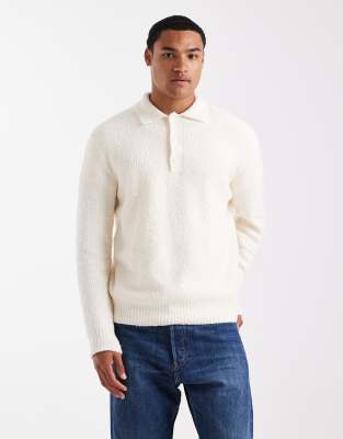 ONLY & SONS ONLY & SONS relaxed fit fisherman knit polo jumper in cream-White