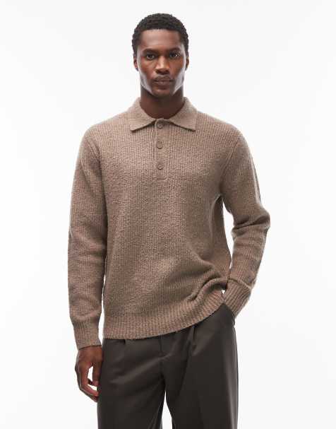 ONLY & SONS relaxed fit fisherman knit polo sweater in beige - view 1
