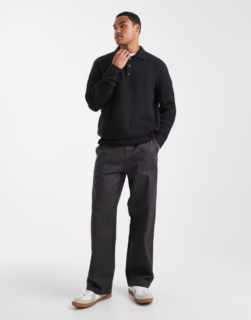 ONLY & SONS relaxed fit fisherman knit polo sweater in black