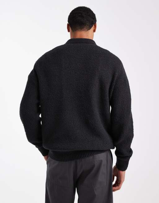 ONLY & SONS relaxed fit fisherman knit polo sweater in black