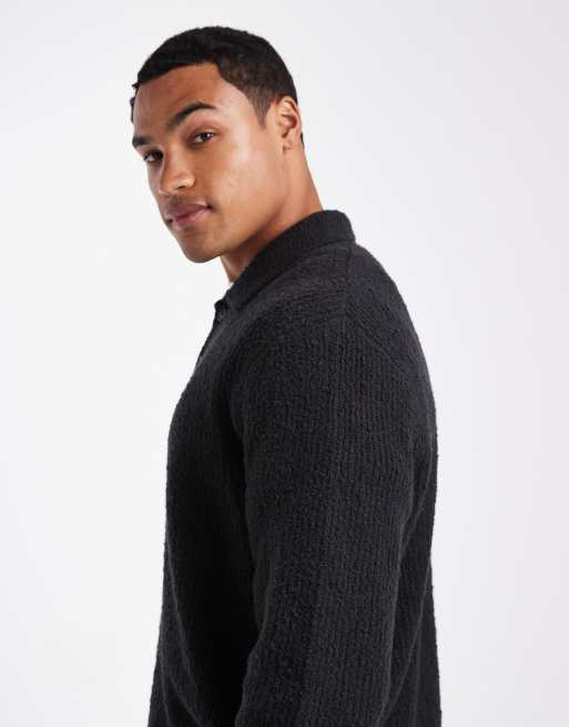 ONLY & SONS relaxed fit fisherman knit polo sweater in black