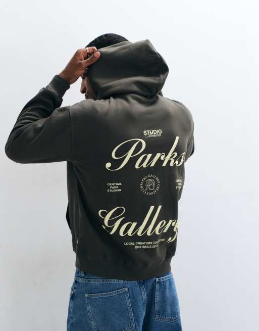 ONLY & SONS relaxed fit hoodie with gallery back print in green grey, 3 of 5