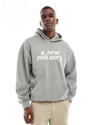 relaxed fit hoodie with NY print in washed light gray-Green