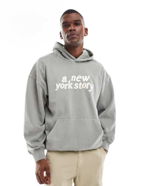 ONLY & SONS relaxed fit hoodie with NY print in washed light grey - view 1