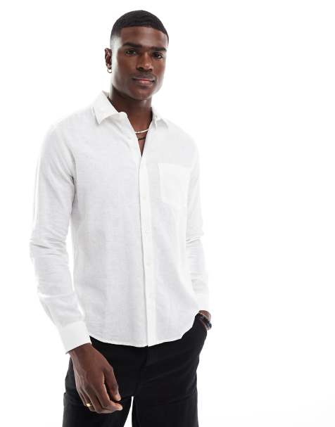 ONLY & SONS relaxed fit linen mix long sleeve shirt in white - view 1