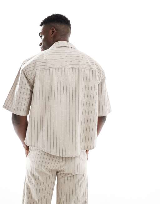ONLY & SONS relaxed fit linen shirt in beige pinstripe - part of a set, 4 of 4
