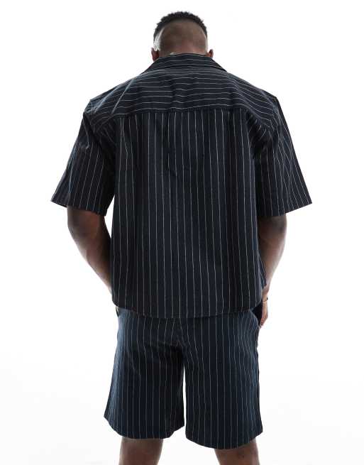 ONLY & SONS relaxed fit linen shirt in black pinstripe (part of a set), 4 of 4