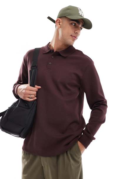 ONLY & SONS relaxed fit long sleeve polo sweater in burgundy - view 1