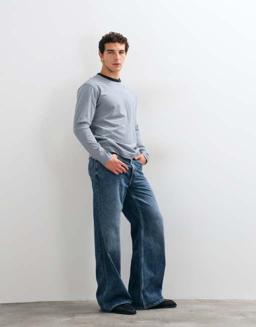 ONLY & SONS relaxed fit long sleeve t-shirt in navy stripe, 2 of 5