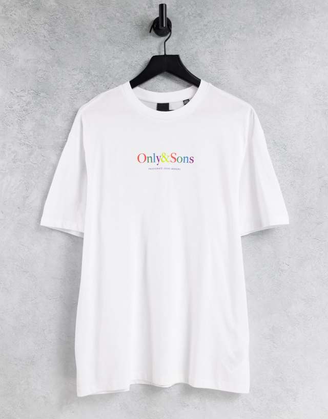 Only & Sons relaxed fit multi logo t-shirt in white