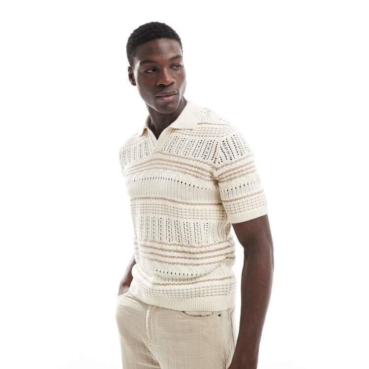 ONLY & SONS relaxed fit open knit polo in beige stripe | ASOS