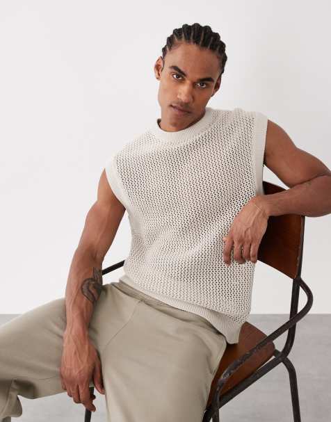 ONLY & SONS relaxed fit open knit vest in stone - view 1