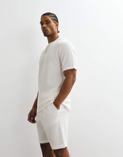 ONLY & SONS relaxed fit plisse short co-ord in white, 4 of 5