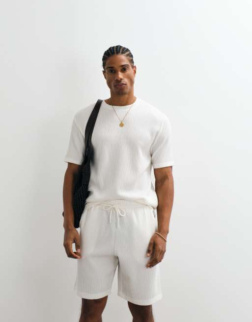 ONLY & SONS relaxed fit plisse short co-ord in white, 5 of 5