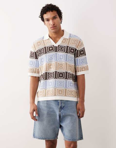 ONLY & SONS – Relaxed-Fit-Polohemd aus Häkelstoff in Braun mit Streifenmuster - view 1